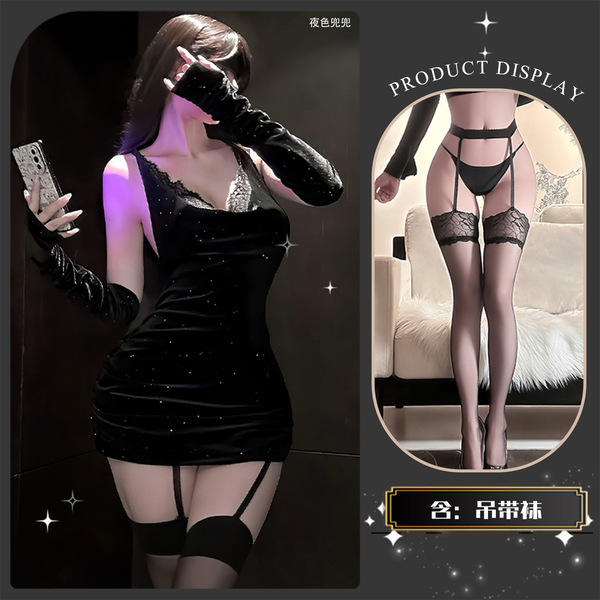 Golden Night Sensual Lingerie Set - Sparkling Rhinestone Backless Bandage Mini Dress with Pure-Yet-Alluring Style - Black Scarlet Night Banquet ~ + Black Garter Stockings