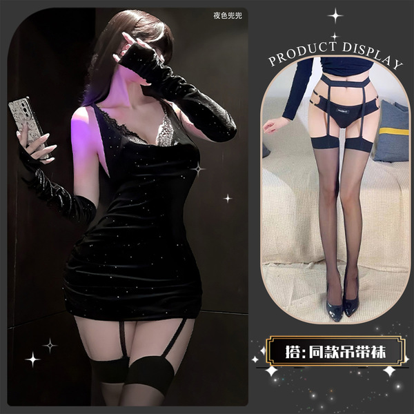 QingShe Sexy Lace Backless Bandage Skirt Set - Sparkling Rhinestone New Year Outfit, Pure & Tempting Ensemble - Black and Scarlet Night Banquet ~ + Matching Stockings