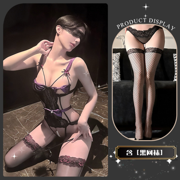 Pure & Playful Lace Lingerie Set with Pearl Accents and Bow Detail - Seductive Matching Bra and Bodysuit - Dead Leaf Butterfly * Purple + Black Fishnet Stockings