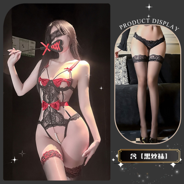 Pure & Playful Lace Lingerie Set with Pearl Accents and Bow Detail - Seductive Matching Bra and Bodysuit - Dead Leaf Butterfly * Red + Black Stockings
