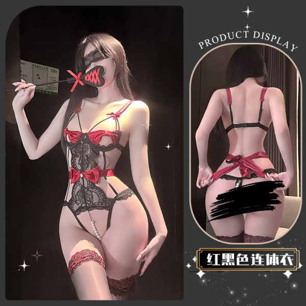 Pure & Playful Lace Lingerie Set with Pearl Accents and Bow Detail - Seductive Matching Bra and Bodysuit - Dead Leaf Butterfly * Red [Butterfly Pearl Conjoined]