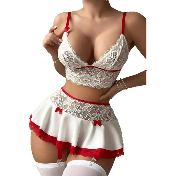Sexy lace maid outfit set featuring a flirty top with red accents and a cute mini skirt, perfect for women seeking playful el...