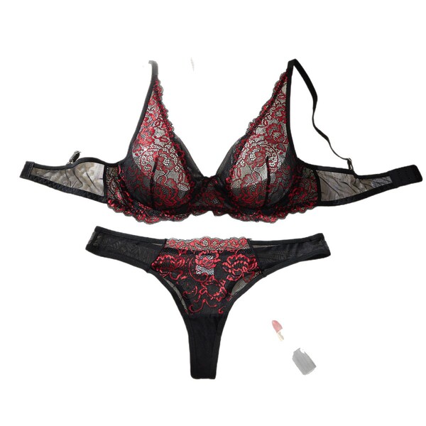 Luxury black and red lace lingerie set with push-up bra and matching panty, elegant mesh design for women.