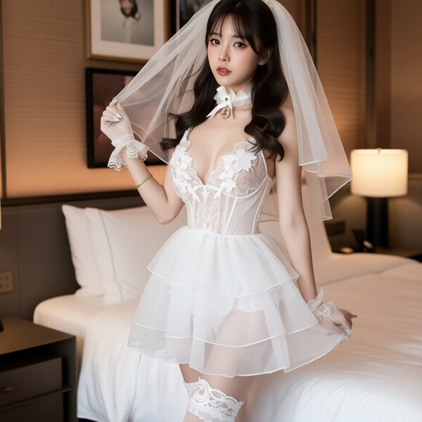 Woman in white lace mesh sheer deep v bodysuit with veil, gloves, and garters — sexy low-cut erotic sleepwear lingerie set.