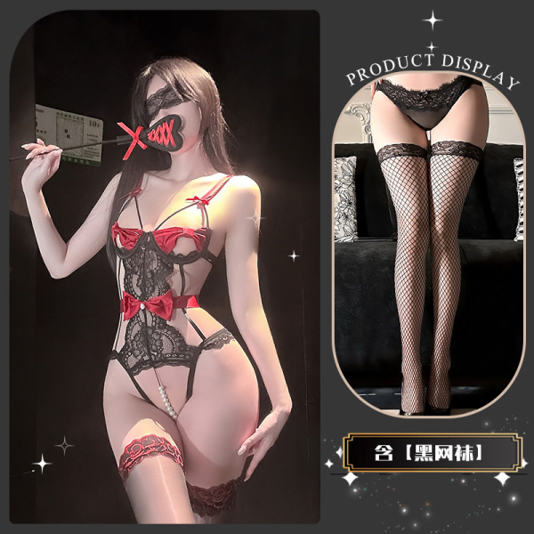 Pure & Playful Lace Lingerie Set with Pearl Accents and Bow Detail - Seductive Matching Bra and Bodysuit - Dead Leaf Butterfly * Red + Black Fishnet Stockings
