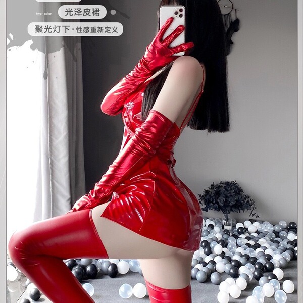 Genuine leather look bodysuit with tight fit, pvc bandage design, perfect for nightclub and party outfits.