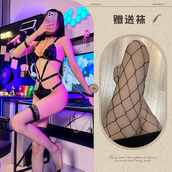 Xiruoxi Maid Costume Outfit - Sexy Bondage Latex BDSM Uniform for Women, Dominant Queen Cosplay Set - Leather suit + chain + large fishnet stockings