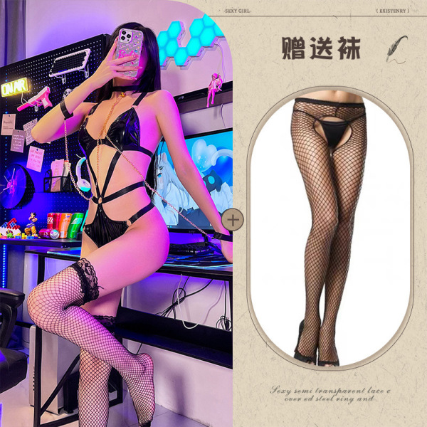 Sexy Maid Costume for Women - BDSM Bondage Outfit with Leather Queen Uniform & Cosplay Lingerie Set - Leather suit + chain + fishnet stockings