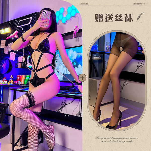 Xiruoxi Maid Costume Outfit - Sexy Bondage Latex BDSM Uniform for Women, Dominant Queen Cosplay Set - Leather suit + chain + open crotch socks