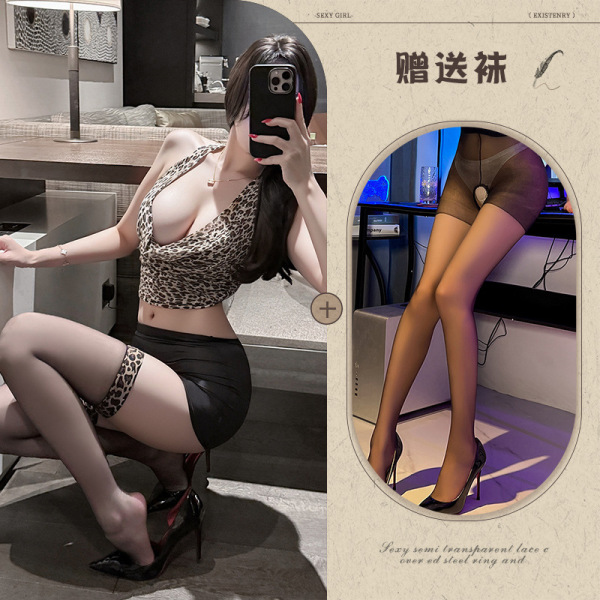 Manny Night Leopard Print Lingerie Set - Seductive Matching Bra & Skirt Sleepwear for Women - Leopard print + black open crotch socks