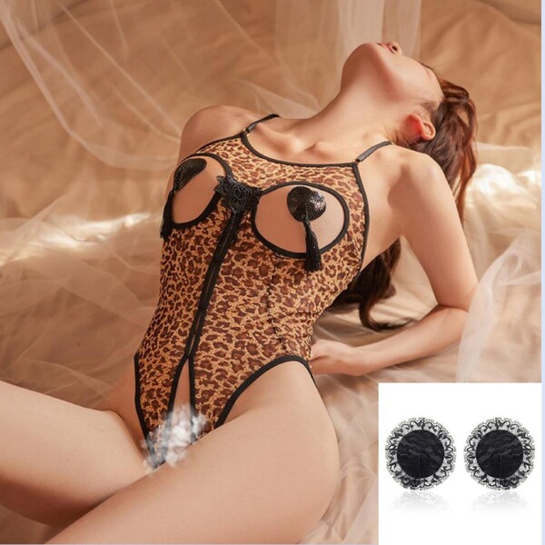 Leopard Print Lingerie Set - Seductive Sheer Bustier & Matching Bottoms, No-Remove Erotic Outfit for Women - Leopard print + lace nipple covers + black fishnet stockings