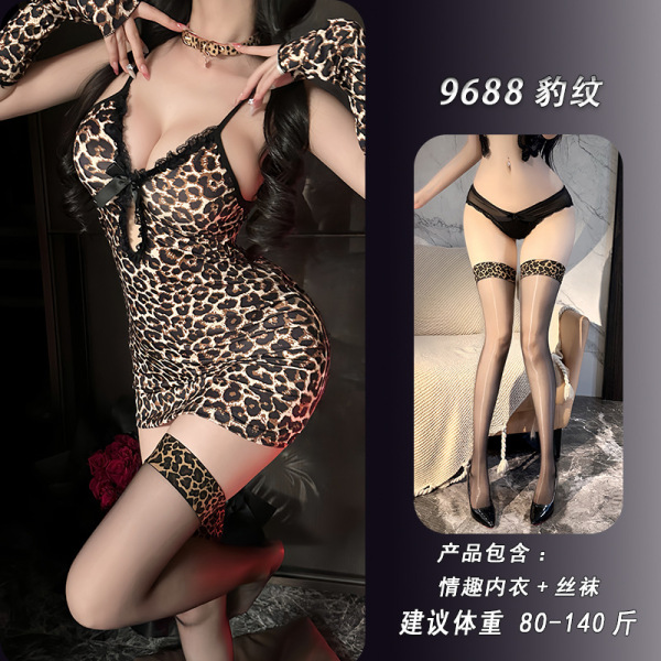 Leopard Print Lace Trim Deep V-Neck Bodycon Sleep Dress - Sexy Backless Nightwear for Women - Leopard print suit + matching leopard print stockings + matching leopard print choker
