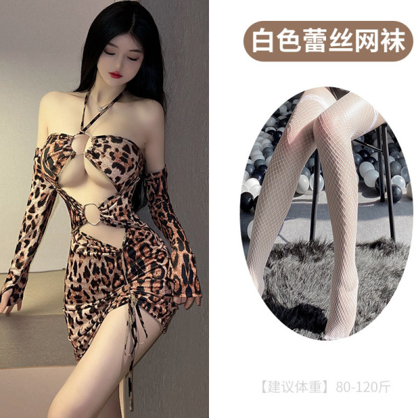 LoveRuru Sexy Leopard Print Bodysuit Bikini - Tight-Fit Nightclub Lingerie Set, Factory Direct - Leopard print + white fishnet stockings