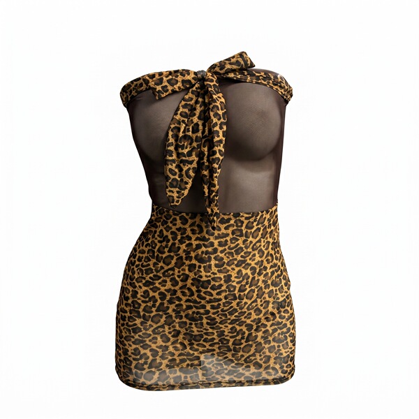 Sexy leopard print bodysuit dress with tie-front design, perfect for naughty costume outfits.