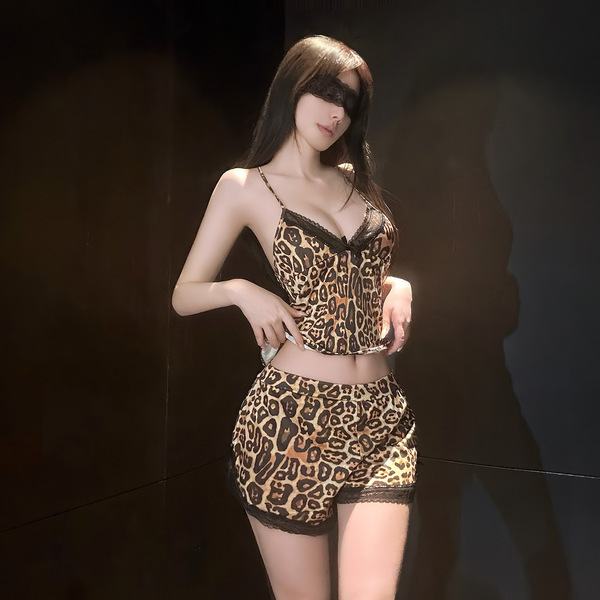 Sexy leopard print lace sleepwear set for women, featuring elegant design and flirty look, perfect for intimate wear.