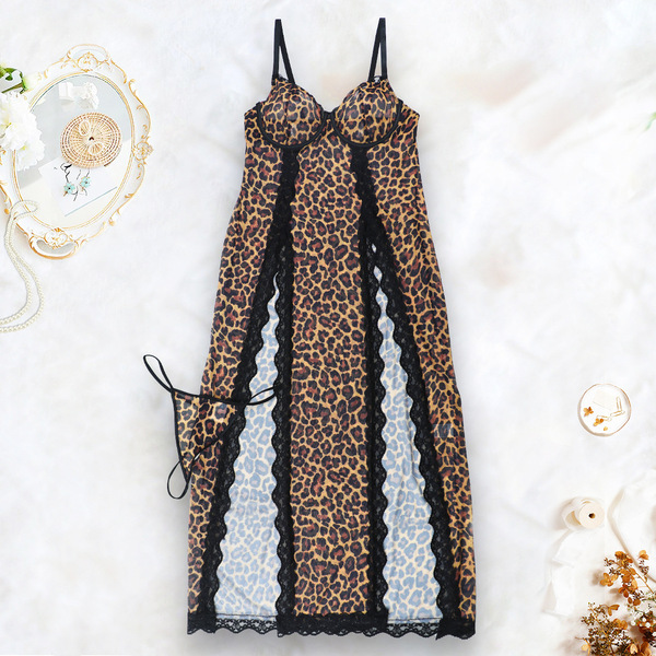 Leopard print sheer lace chemise set - sexy bridal lingerie nightwear for women