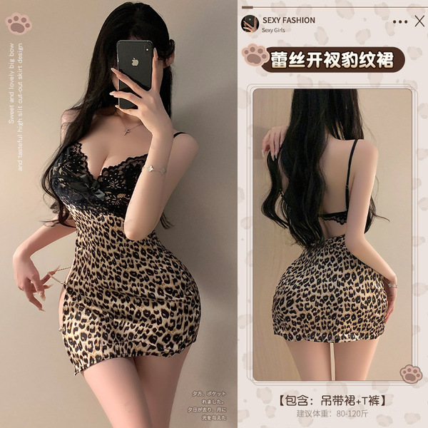 Manyan Lace Leopard Print Bodycon Set - Sexy Sheer High-Slit Sleep Dress with Pure & Tempting Style - 6921183314361 Leopard Print [Slip Dress + T-shirt]
