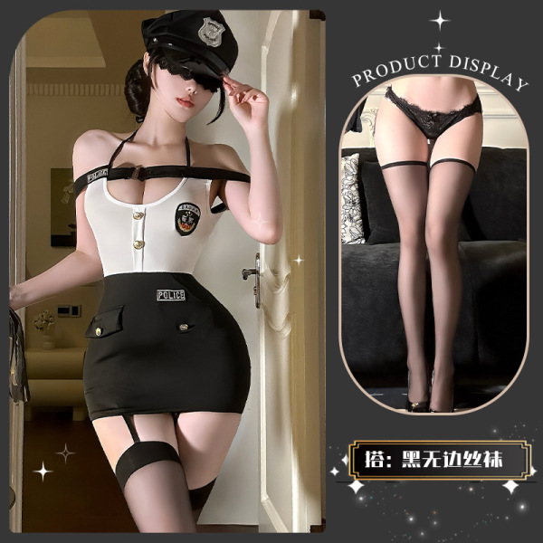 QingShe Seductive Cosplay Lingerie Set – Elegant Police Officer Costume with Pure-Yet-Tempting Aesthetic - Liao Liao's strict discipline ~ + Black stockings