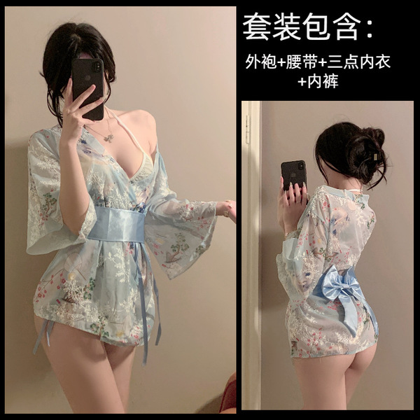 Japanese Kimono-Style Embroidered Lace Sleepwear Set - Sheer Sensual Babydoll & Thong Lingerie - light blue