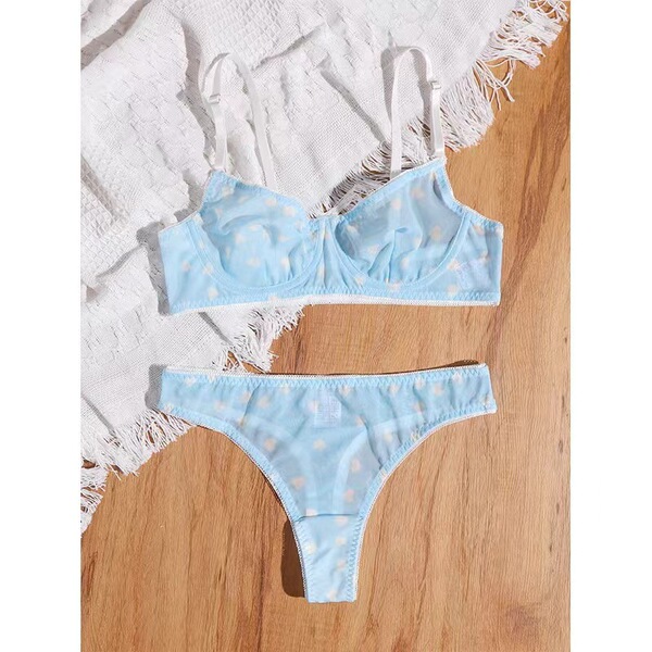 Lace Heart Embroidery Sheer Mesh Lingerie Set - White Sexy Motorcycle-Inspired Outfit for Women - light blue