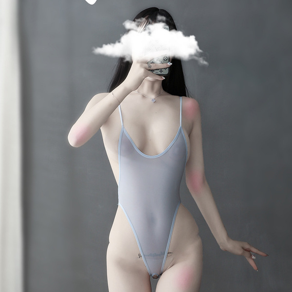 Suoqing Dead Stock One-Piece Open-Crotch Swimsuit Set - Ice Silk Transparent Sexy Lingerie Outfit - light blue