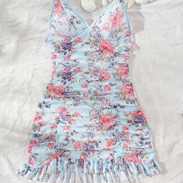Sexy Lace Mesh Print Camisole Dress - Elegant Women's Intimate Sleepwear Set for US & EU Markets - light blue
