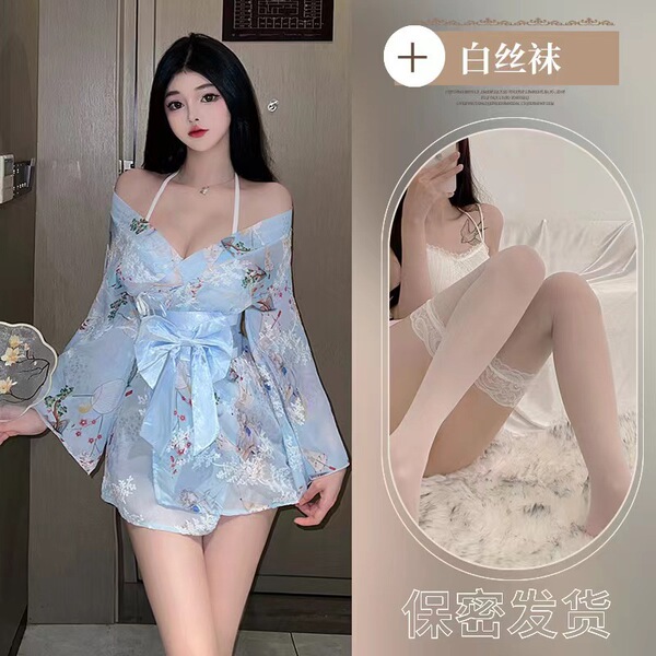 Japanese-Style Sexy Lace Kimono Robe Set - Sheer Chiffon 3-Piece Outfit with Floral Embroidery for Women - Light blue suit + white stockings