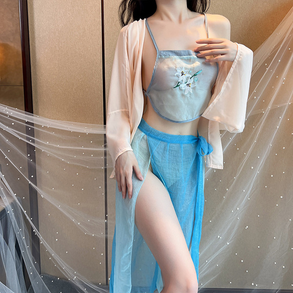 Ancient Chinese Lingerie Set - Sexy Hanfu Sleepwear with Embroidery, Busty Bodysuit & Flirty Belly Dance Costume - Light blue + white stockings