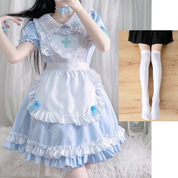 S5XL Japanese Maid Dress - Cute Anime Cosplay Costume for Women, Classic Short-Sleeve Maid Outfit - Milk blue + white socks