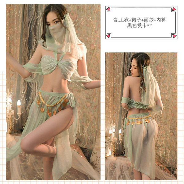 Hanfu Palace Style Outfit Set – Dunhuang-Inspired Chinese Ancient Costume with Lace & Exotic Elegance - Light green + black fishnet stockings