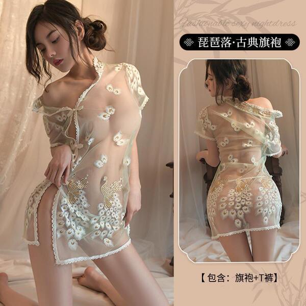 Night Elegance Vintage-Inspired Lace Pajama Set – Retro Qipao-Style Sexy Sleepwear for Women, Plus Size - Light green