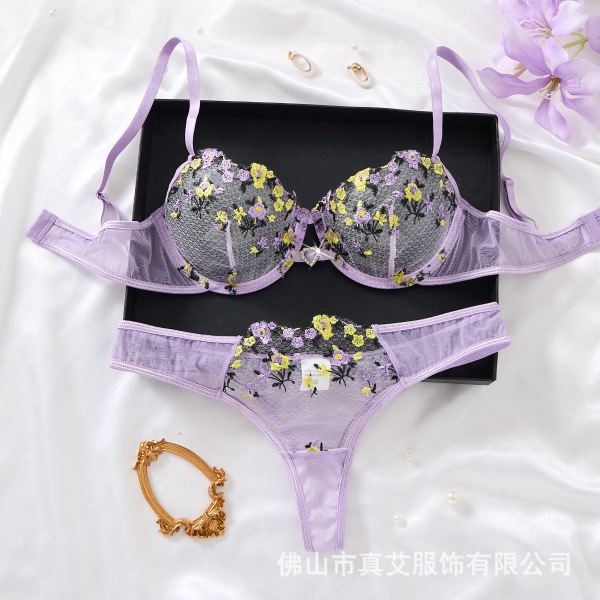 Transparent Mesh Lace Bra Set - Sexy Push-Up Lingerie Set with Embroidered Sheer Cup Design - Light purple