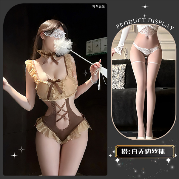 Chao Mu Lingerie Set - Sexy Backless Bodysuit with Bow Tie & Ruffle Trim, Pure Temptation Style - graceful swallowtail butterfly + white laceless socks