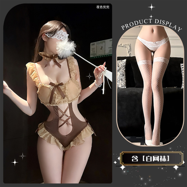 Chao Mu Lingerie Set - Sexy Backless Bodysuit with Bow Tie & Ruffle Trim, Pure Temptation Style - graceful swallowtail butterfly + white fishnet stockings