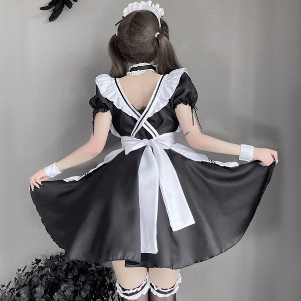 Linglinting sexy lace japanese maid costume featuring a cute apron with adjustable ties and sheer cut-outs, perfect for cospl...