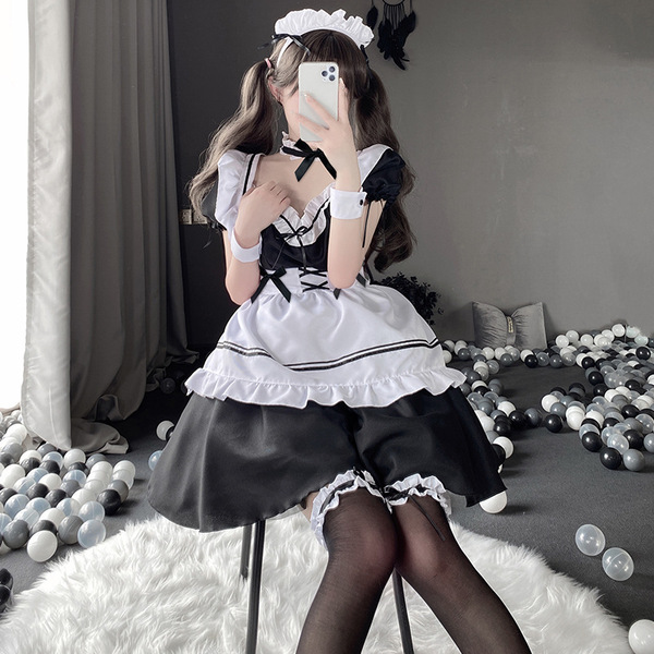 A person wearing a linglinting sexy lace japanese maid costume, featuring a cute apron with adjustable ties and sheer cut-out...