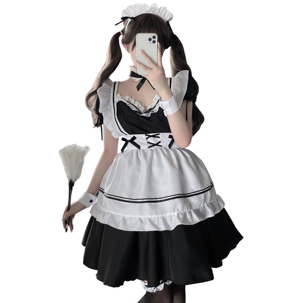 Linglinting sexy lace japanese maid costume featuring a cute apron with adjustable ties and sheer cut-outs, perfect for cospl...