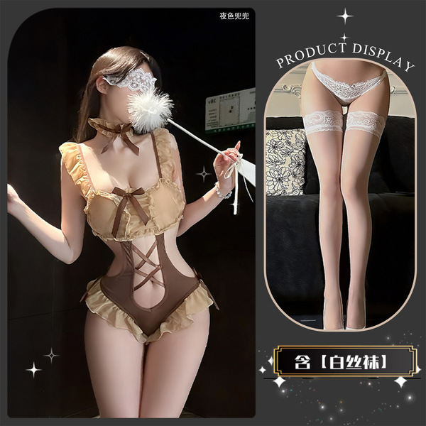Chao Mu Lingerie Set - Sexy Backless Bodysuit with Bow Tie & Ruffle Trim, Pure Temptation Style - graceful swallowtail butterfly + white stockings