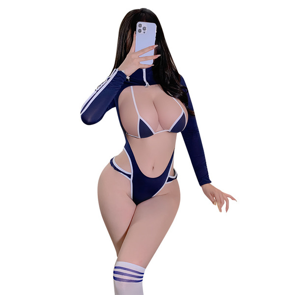 Sexy open-crotch bodysuit with long sleeves and thigh-high socks, perfect for gym activities.