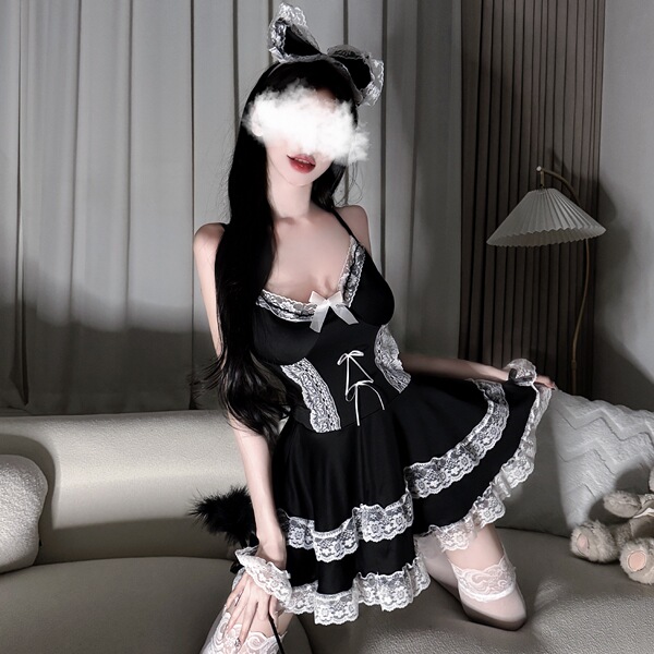 Sexy black lace lolita maid costume set featuring a babydoll dress with detachable apron, headband, and fluffy tail accessory...