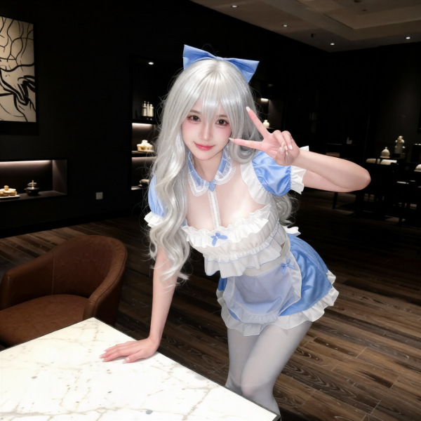 Woman in blue and white lolita maid costume with bow, posing playfully indoors.