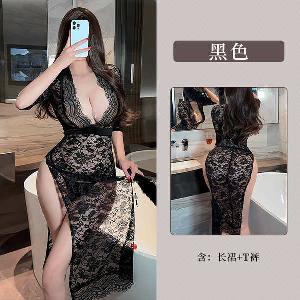 Fan Lei Women's Lace Sexy Sheer Long Dress - Provocative Side-Slit Bodycon Lingerie Sleepwear Set - Black long skirt + thong + black open-crotch socks