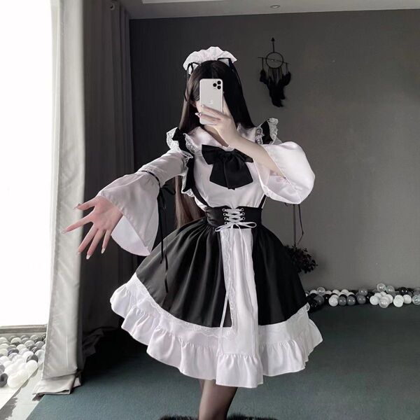 Japanese Style Plus Size Black White Lace Maid Dress - Lolita Cosplay Outfit Set for Women - Black long-sleeved four-piece set with a large bow (skirt + apron + free headpiece + free large black bow)