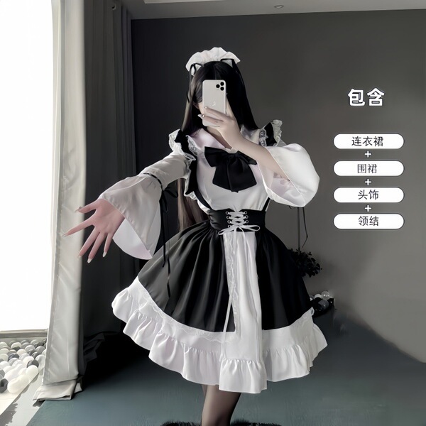 Japanese Cosplay Maid Dress Set - Cute Sexy Lolita Short Sleeve Long Sleeve Uniform Dress for Women Plus Size - Black and white long-sleeved four-piece set with large bow