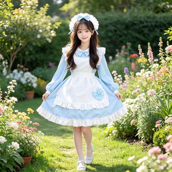 Adult Women's Cosplay Maid Dress - Cute Student Party Costume & Lolita Style Performance Dress - Blue long-sleeved Lolita dress with bow + apron + headband included