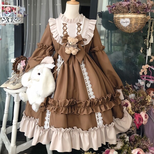 Japanese Cosplay Maid Dress Set - Cute Sexy Lolita Short Sleeve Long Sleeve Uniform Dress for Women Plus Size - Coffee-colored long-sleeved Lolita dress + free teddy bear bow