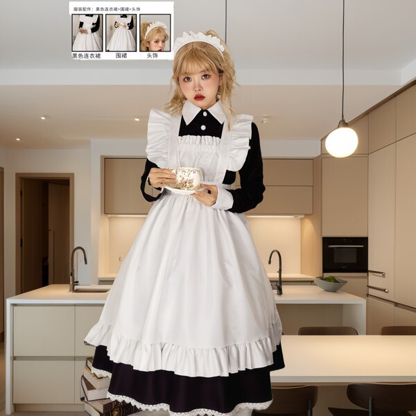 Japanese Cosplay Maid Dress Set - Cute Sexy Lolita Short Sleeve Long Sleeve Uniform Dress for Women Plus Size - Lace-trimmed long-sleeved maid three-piece set