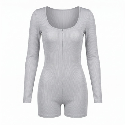 White ribbed long-sleeve bodysuit with front zipper and scoop neck.