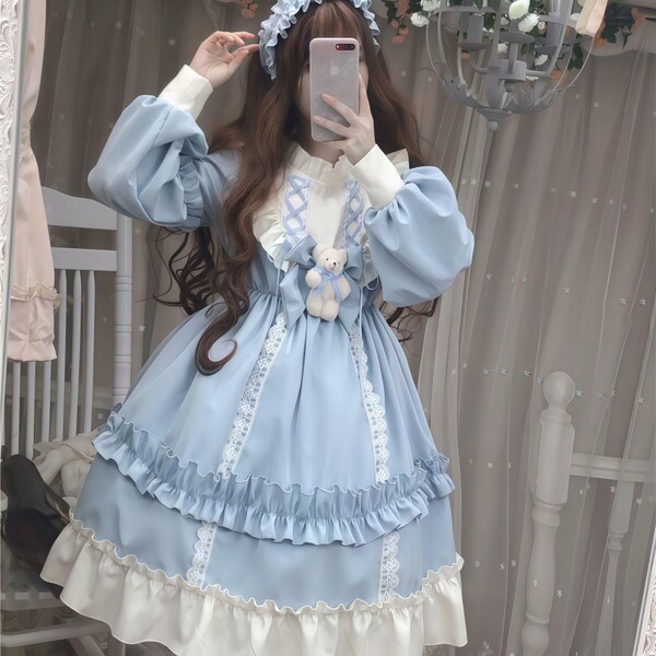 Japanese Style Plus Size Black White Lace Maid Dress - Lolita Cosplay Outfit Set for Women - Sky blue long-sleeved Lolita dress