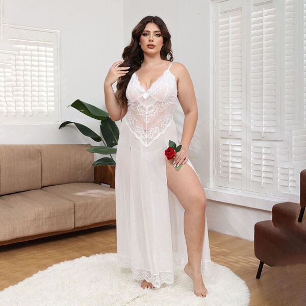 A woman poses elegantly in a plus-size sexy lace long dress set, featuring a semi-sheer backless design and transparent eleme...